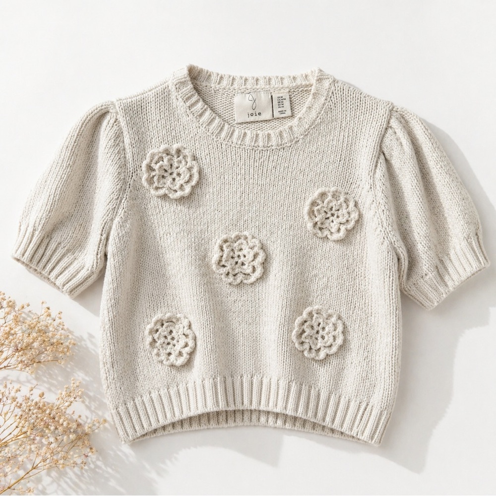 Joie Floral Appliqué Crochet Short Puff-Sleeve Knit Crewneck Sweater Med